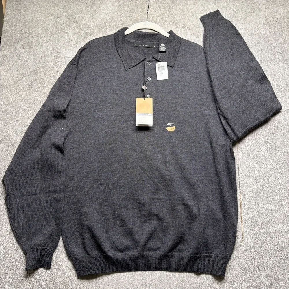 Merino Wool Polo Sweater Gray‎ Long Sleeve Knit Mens XL Metropolitan View